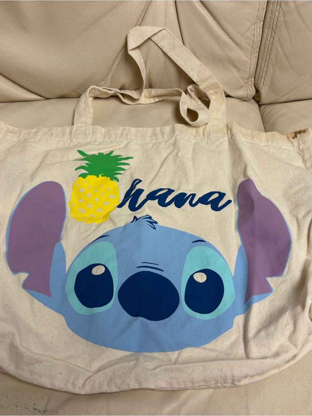 STITCH Canvas Tote Bag Ohana Pineapple Cream Off White Color Disney